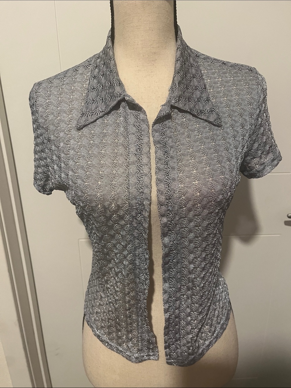 Vintage Charlotte Russe 1990’s Mesh Short Sleeve Collared Gray Shirt Club Party